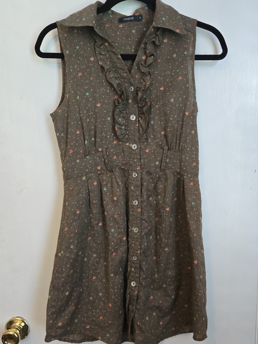Theme Brown Sleeveless Floral Ruffle Button-Front Dress Sz S
